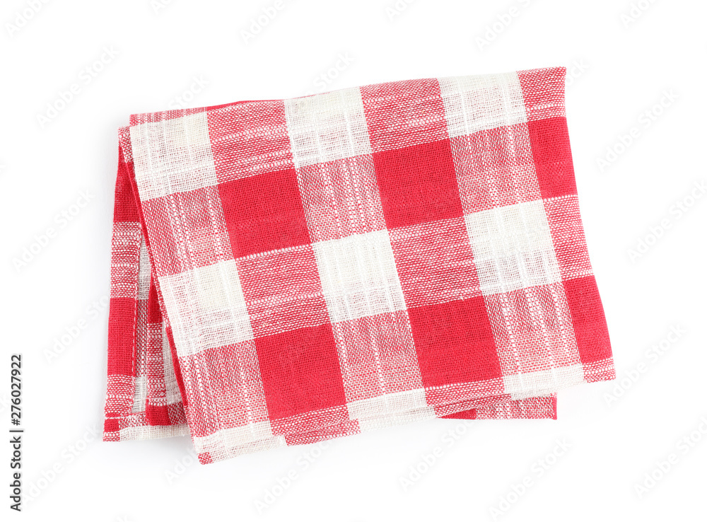 Folded red checkered kitchen towel on white background, top view