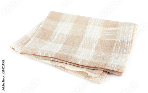 Folded checkered kitchen towel on white background