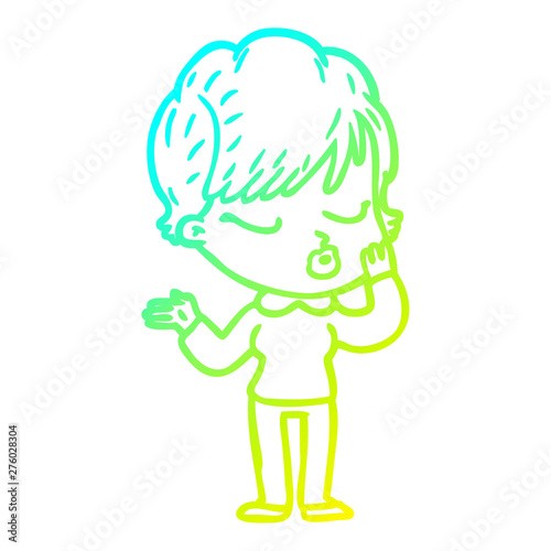cold gradient line drawing cartoon woman with eyes shut