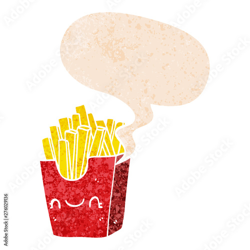 cartoon fries in box and speech bubble in retro textured style