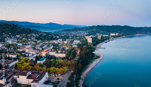 Evening resort town Sukhum  Abkhazia aerial view from drone