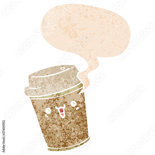 cartoon take out coffee and speech bubble in retro textured style