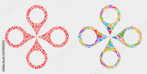 Quadrocopter mosaic icon of triangle items which have variable sizes and shapes and colors. Geometric abstract vector illustration of quadrocopter.