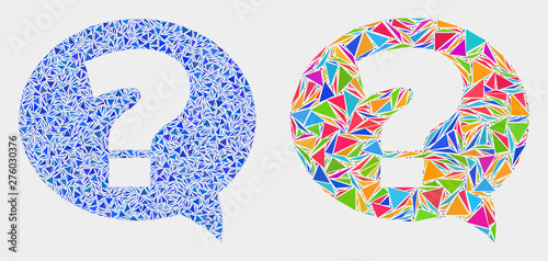 Question collage icon of triangle elements which have different sizes and shapes and colors. Geometric abstract vector illustration of question.