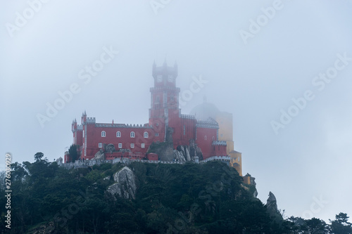 The Palace of Pena during fog in Sintra, Portugal
