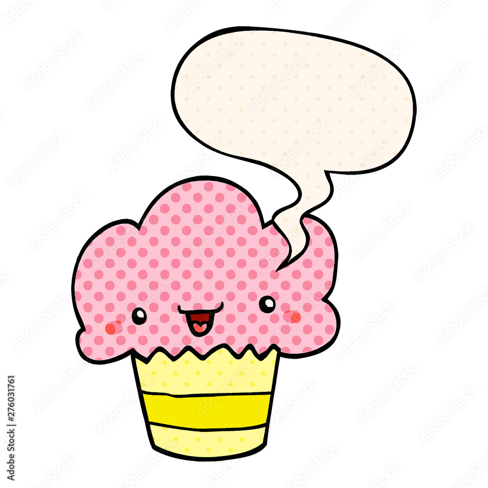 cartoon cupcake and face and speech bubble in comic book style cartoon cupcake and face and speech bubble in comic book style