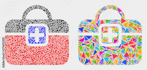 First-aid case mosaic icon of triangle elements which have different sizes and shapes and colors. Geometric abstract vector illustration of first-aid case.
