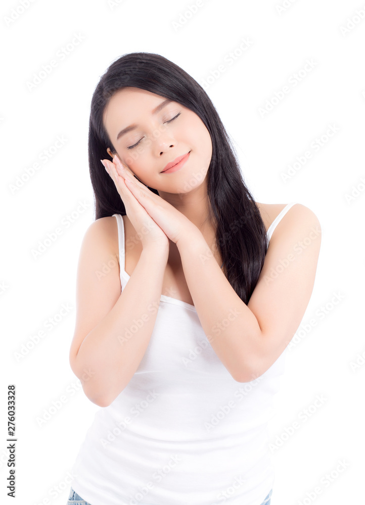 Portrait of beautiful woman asian makeup of cosmetic, girl hand touch cheek and smile attractive, face of beauty perfect with wellness isolated on white background with skin healthcare concept. Portrait of beautiful woman asian makeup of cosmetic, girl hand touch cheek and smile attractive, face of beauty perfect with wellness isolated on white background with skin healthcare concept.