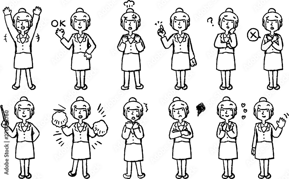 Monochrome Illustration of a job-hunting girl student face and pose set Monochrome Illustration of a job-hunting girl student face and pose set