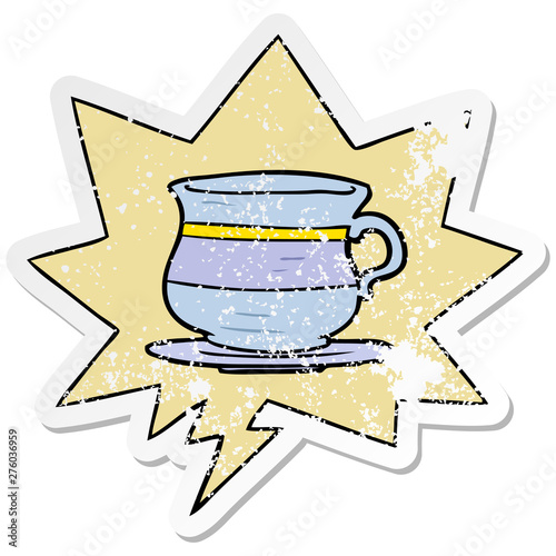 cartoon old tea cup and speech bubble distressed sticker
