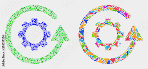Gear rotation collage icon of triangle elements which have various sizes and shapes and colors. Geometric abstract vector design concept of gear rotation.