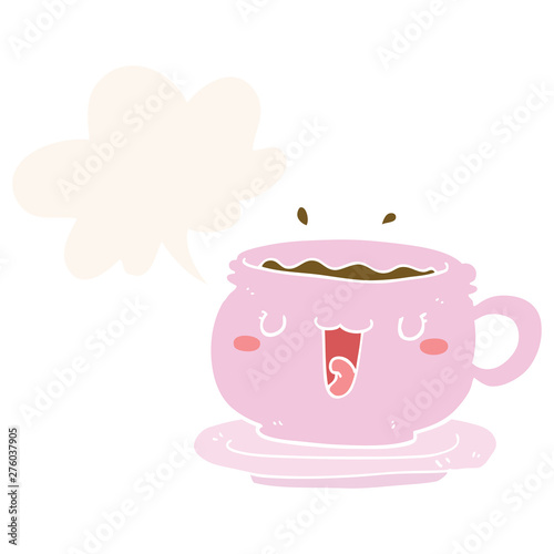 cute cartoon cup and saucer and speech bubble in retro style