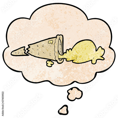 cartoon dropped ice cream and thought bubble in grunge texture pattern style