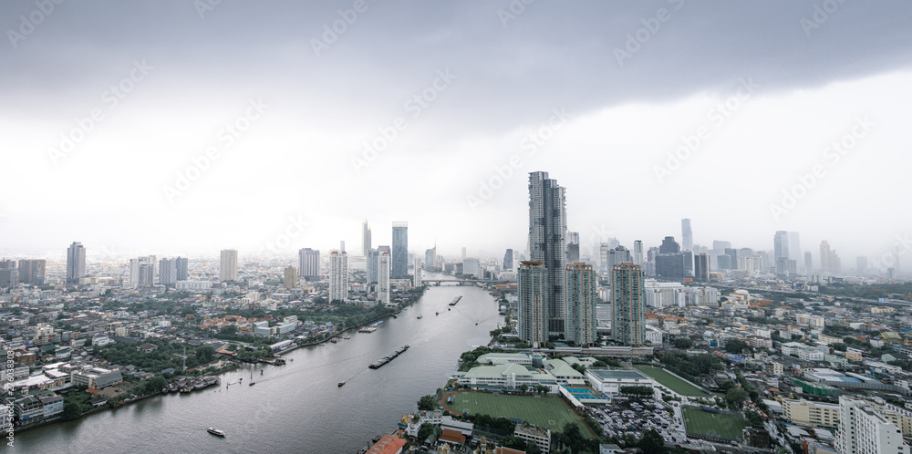 BANGKOK, THAILAND - june 28, 2019: View At the condo along the Chao Phraya River when it rains