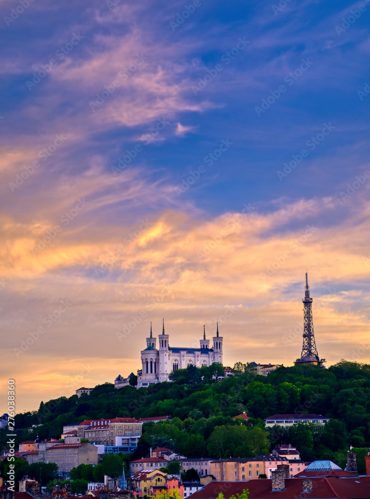 Lyon, France and the Basilica of Notre-Dame de Fourvière at sunset. Lyon, France and the Basilica of Notre-Dame de Fourvière at sunset.