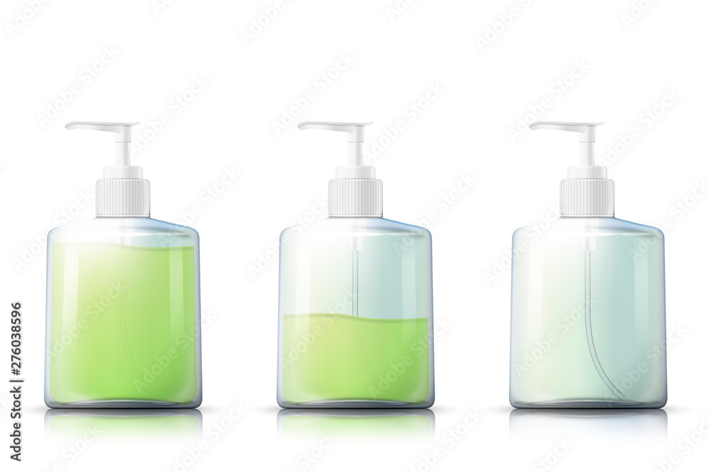 Vector 3d realistic shampoo pump bottle with liquid gel inside, isolated on white background. Mock-up for product package branding. Vector 3d realistic shampoo pump bottle with liquid gel inside, isolated on white background. Mock-up for product package branding.