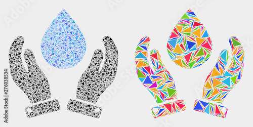 Water drop care hands mosaic icon of triangle elements which have various sizes and shapes and colors. Geometric abstract vector illustration of water drop care hands.