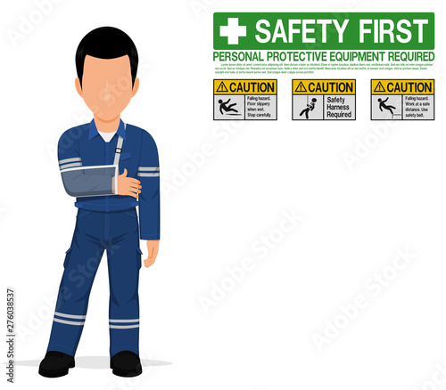 An industrial worker with injured arm on transparent background