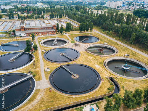 Modern wastewater treatment plant, aerial view from drone