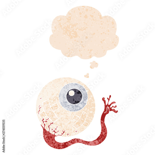 cartoon injured eyeball and thought bubble in retro textured style