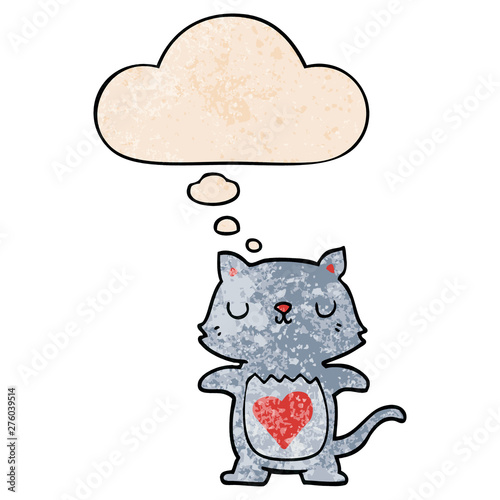 cute cartoon cat and thought bubble in grunge texture pattern style