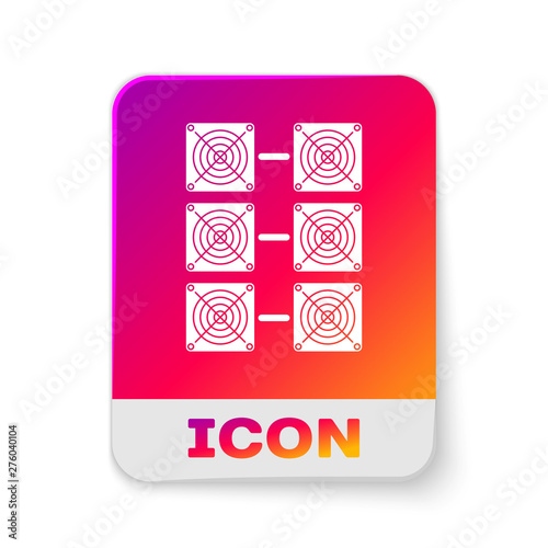 White Mining farm icon isolated on white background. Cryptocurrency mining, blockchain technology, bitcoin, digital money market, cryptocoin wallet. Rectangle color button. Vector Illustration