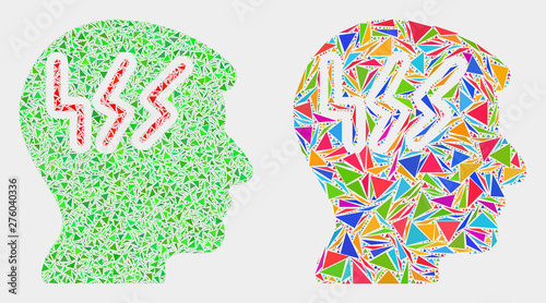 Migraine head collage icon of triangle elements which have variable sizes and shapes and colors. Geometric abstract vector illustration of migraine head.