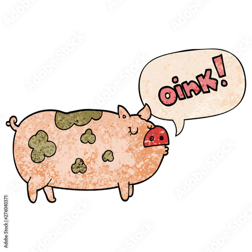cartoon oinking pig and speech bubble in retro texture style