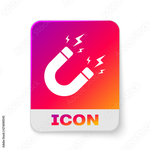White Magnet with lightning icon isolated on white background. Horseshoe magnet, magnetism, magnetize, attraction sign. Rectangle color button. Vector Illustration