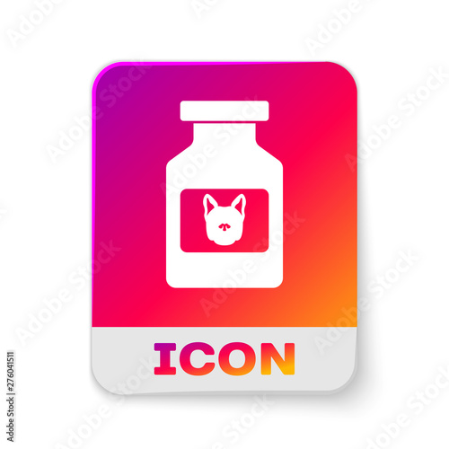 White Dog medicine bottle icon isolated on white background. Container with pills. Prescription medicine for animal. Rectangle color button. Vector Illustration