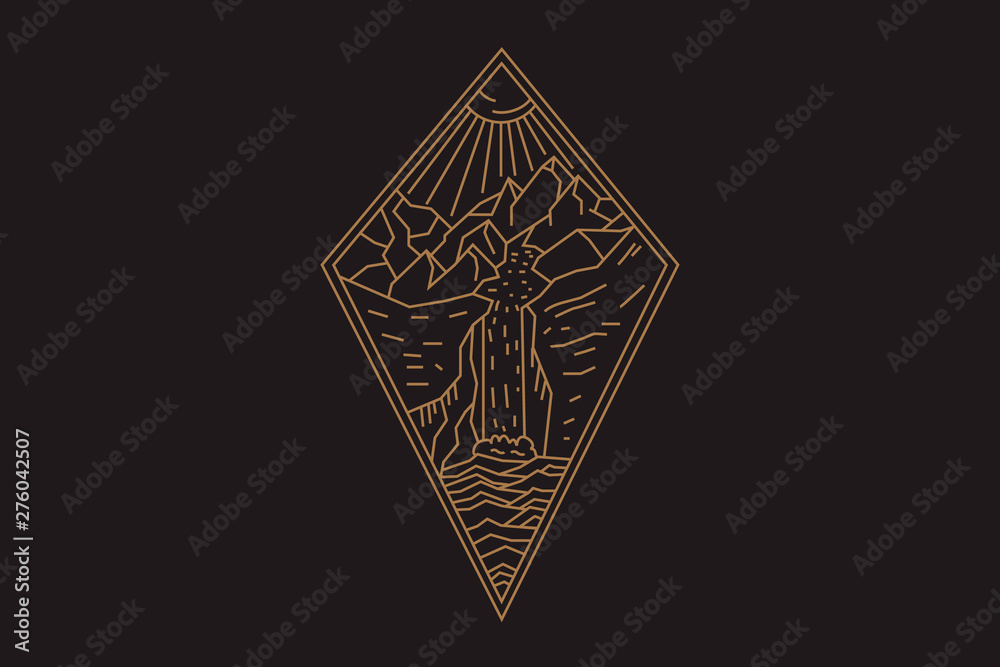Beautiful vector illustration with nature landscape - mountains, sunbeams sun and river. Tattoo art. Infinite space, symbols of meditation, travel, tourism.