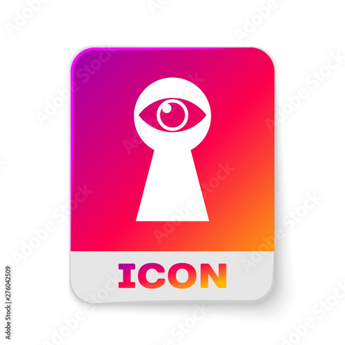 White Keyhole with eye icon isolated on white background. The eye looks into the keyhole. Keyhole eye hole. Rectangle color button. Vector Illustration