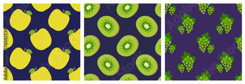Apple, kiwi and grapes. Fruit seamless pattern set. Fashion design. Food print for clothes, linens or curtain. Hand drawn vector sketch background collection