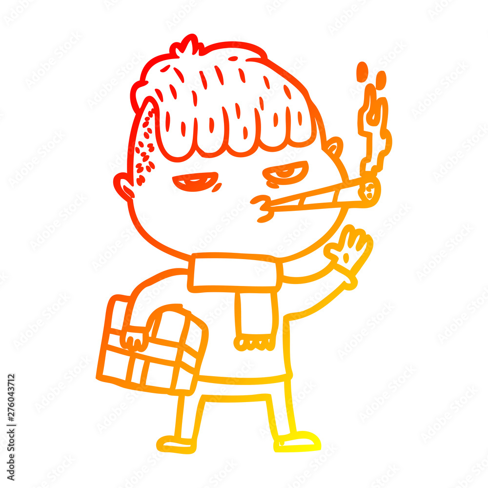 warm gradient line drawing cartoon man smoking carrying christmas gift warm gradient line drawing cartoon man smoking carrying christmas gift