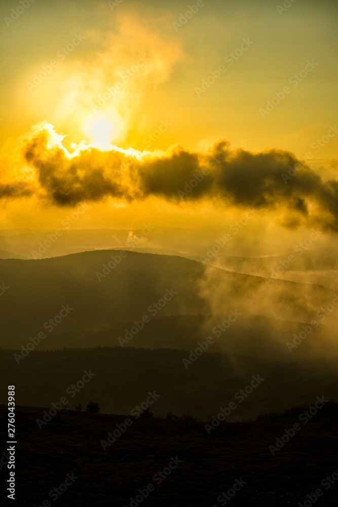 A beautiful sunrise in the mountains. A delightful summer landscape. Polonina Carynska. Bieszczady National Park. Poland.