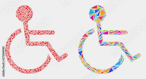 Wheelchair person mosaic icon of triangle items which have variable sizes and shapes and colors. Geometric abstract vector design concept of wheelchair person.