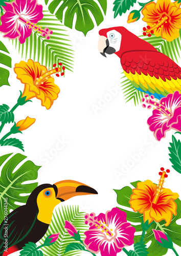 Tropical birds and plants frame - Copy space, White background, Vertical