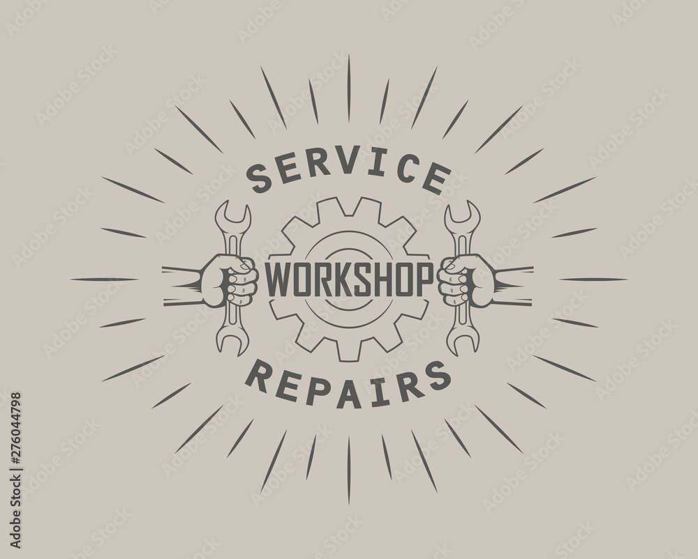 Illustration advertises service and repair. Hand with gear key and text with rays Illustration advertises service and repair. Hand with gear key and text with rays