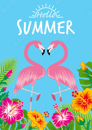 Two flamingos and tropical plants - Included words 