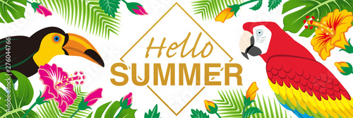 Tropical birds and plants frame - Included words "Hello SUMMER”, Banner ratio, White background