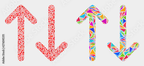 Vertical exchange arrows mosaic icon of triangle elements which have different sizes and shapes and colors. Geometric abstract vector design concept of vertical exchange arrows.