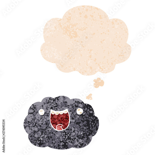 cartoon happy cloud and thought bubble in retro textured style