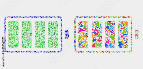 Electric battery collage icon of triangle items which have different sizes and shapes and colors. Geometric abstract vector illustration of electric battery.