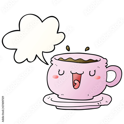 cute cartoon cup and saucer and speech bubble in smooth gradient style