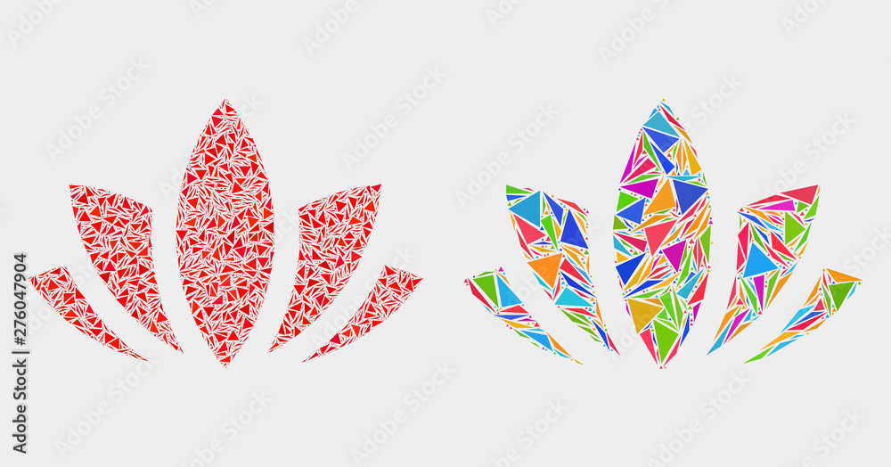 Lotus collage icon of triangle elements which have different sizes and shapes and colors. Geometric abstract vector design concept of lotus.