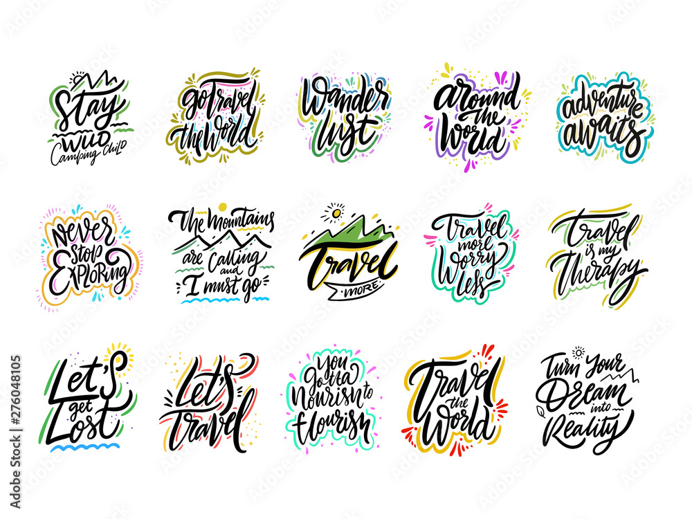 Travel and Adventure lettering set 01. Hand drawn vector illustration. Motivational quote and phrase.
