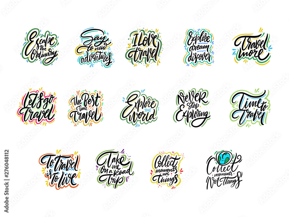 Travel and Adventure lettering set 02. Hand drawn vector illustration. Motivational quote and phrase.