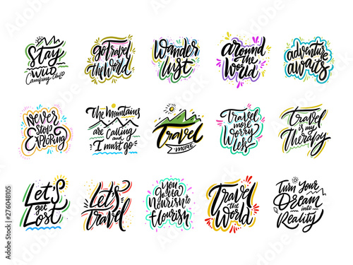 Travel and Adventure lettering set 01. Hand drawn vector illustration. Motivational quote and phrase.