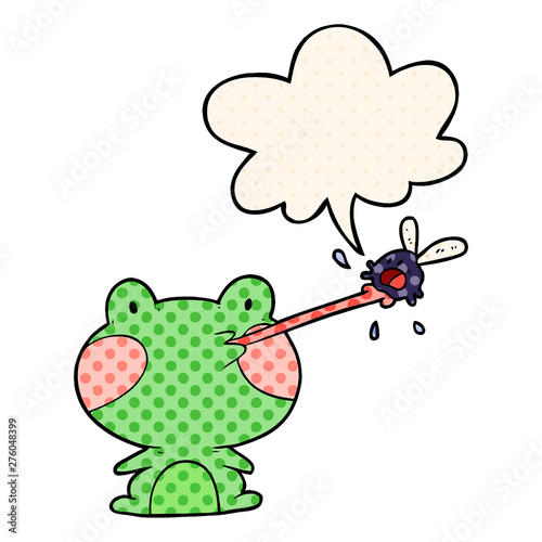 cute cartoon frog catching fly and tongue and speech bubble in comic book style