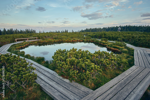 wooden path at Lovrenska lakes with the tower in the background - Slovenia